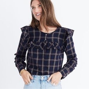 Madewell Size Medium Plaid Ruffle Yoke Blouse